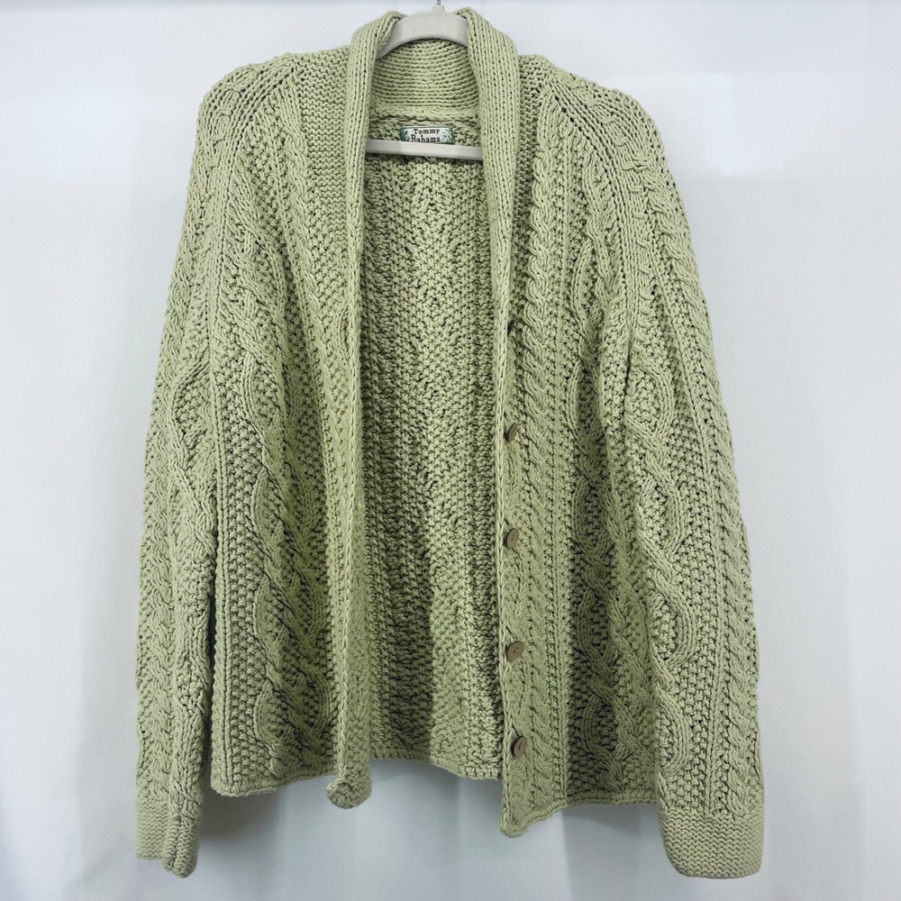 Tommy Bahama‎ Women Size Medium Sage Cable Knit Shawl Collar Cardigan Sweater